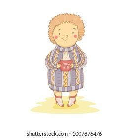 Hand drawn cute happy kid in knitted sweater holding mug with hot tea. Vector illustration of beautiful smiling child in fashion pullover drinking. Outline portrait of little boy, girl.