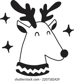 Hand Drawn cute happy reindeer face illustration isolated on background