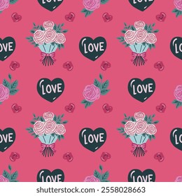 Hand drawn cute Happy Valentine's seamless pattern with  hearts and roses.