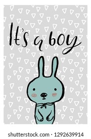 Hand drawn cute hare with lettering - It's a boy, isolated on geometrical pattern. Ideal template for baby shower greeting card, invitation, t-shirt print.