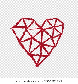 Hand drawn cute heart on transparent background, happy valentines day, red vector illustration. Abstract design, romantic holiday decoration