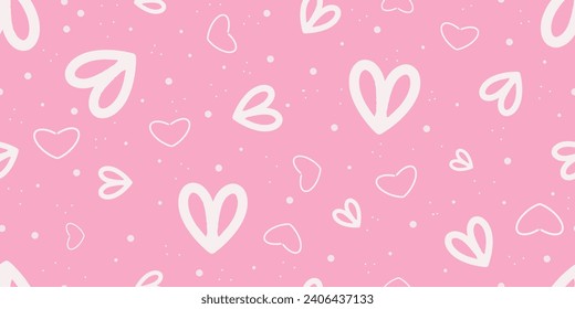 Hand Drawn Cute Heart Pattern. Romantic Valentine's Day Style With Pink Background. Vector Illustration