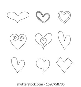 Hand drawn cute heart shape collection set in different patterns isolated on white background.Design for elements of Valentines Day, Wedding card, Postcard, Flat icon ,Love logo.Vector Illustration.