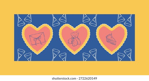 Forma linda dibujada a mano del hogar con la torta, la muñeca y la letra en él para las ilustraciones del elemento de San Valentín