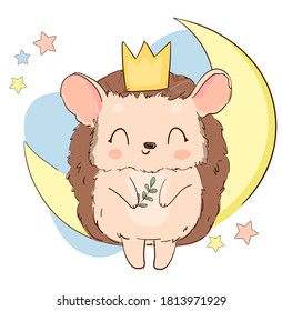 Hand drawn cute hedgehog in a golden crown with leaves and moon vector illustartion childish design print and poster