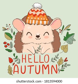 Hand drawn cute hedgehog in hat and autumn leaves with handwritten phrase hello autumn vector illustration childish design print and poster