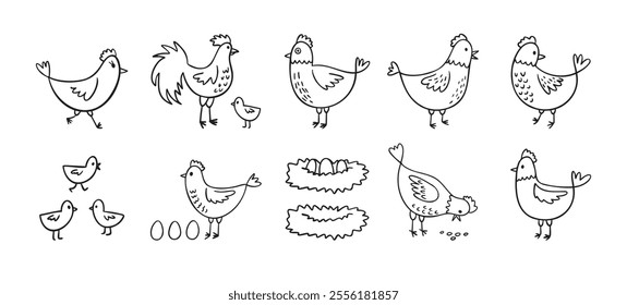 Hand drawn cute hen chickens set. Doodle farm chickens sketch style. Funny outline domestic birds, poultry concept. Vector illustration