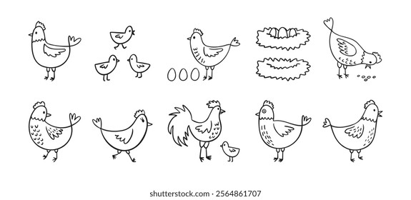 Hand drawn cute hen chickens set. Doodle farm chickens sketch style. Funny outline domestic birds, poultry concept. Vector illustration