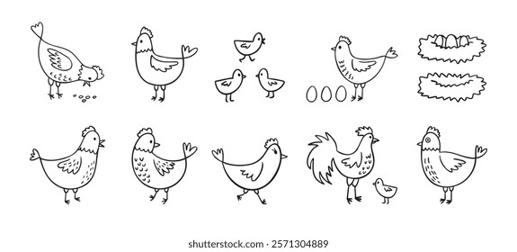 Hand drawn cute hen chickens set. Doodle farm chickens sketch style. Funny outline domestic birds, poultry concept. Vector illustration