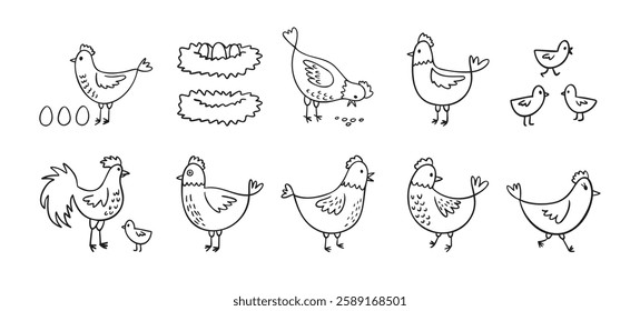 Hand drawn cute hen chickens set. Doodle farm chickens sketch style. Funny outline domestic birds, poultry concept. Vector illustration