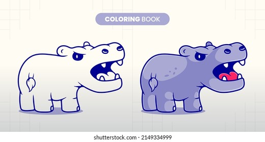 hand drawn cute hippo illustration coloring book for children to fill in