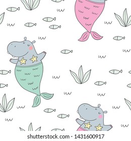 Hand drawn cute hippo - mermaid vector illustration. Cartoon hippopotamus cute mermayd seamless pattern. Can be used for design of t-shirts, posters and Baby Shower party
