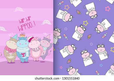 Hand drawn cute hippo with pattern set-vector