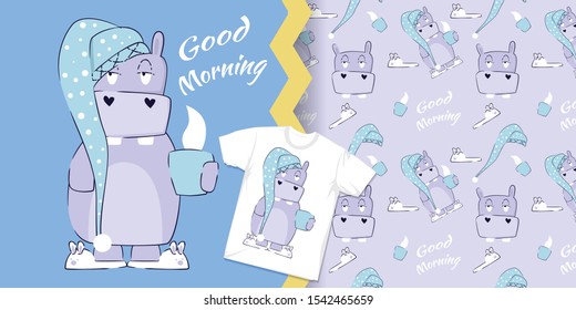 hand drawn cute hippo with pattern set