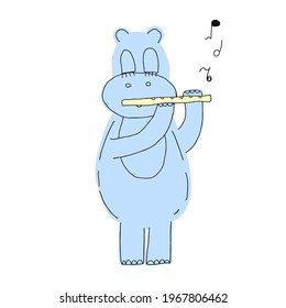 Hand drawn cute hippo playing the flute vector illustration. Cartoon hippopotamus vector print. Can be used for design of t-shirts, posters and Baby Shower party
