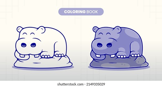 hand drawn cute hippo sleeping on a rock illustration coloring book for children to fill in