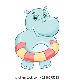 Hand drawn cute hippo with swimming circle vector illustration. Cartoon hippopotamus isolated on white background. Cute baby character for printing, postcards and invitations