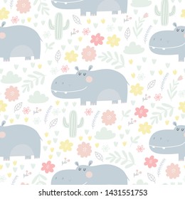 Hand drawn cute hippo vector illustration. Cartoon hippopotamus seamless pattern. Can be used for design of t-shirts, posters and Baby Shower party