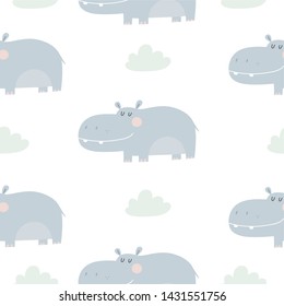 Hand drawn cute hippo vector illustration. Cartoon hippopotamus seamless pattern. Can be used for design of t-shirts, posters and Baby Shower party