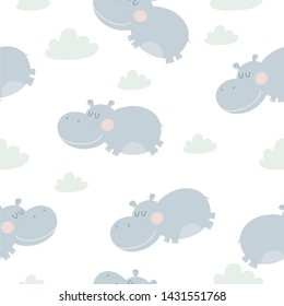 Hand drawn cute hippo vector illustration. Cartoon hippopotamus seamless pattern. Can be used for design of t-shirts, posters and Baby Shower party