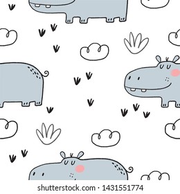 Hand drawn cute hippo vector illustration. Cartoon hippopotamus seamless pattern. Can be used for design of t-shirts, posters and Baby Shower party