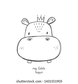 Hand drawn cute hippo vector illustration. Cartoon hippopotamus vector print. Can be used for design of t-shirts, posters and Baby Shower party