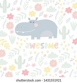 Hand drawn cute hippo vector illustration. Cartoon hippopotamus vector print. Can be used for design of t-shirts, posters and Baby Shower party