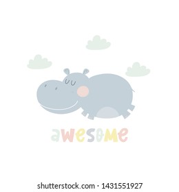 Hand drawn cute hippo vector illustration. Cartoon hippopotamus vector print. Can be used for design of t-shirts, posters and Baby Shower party