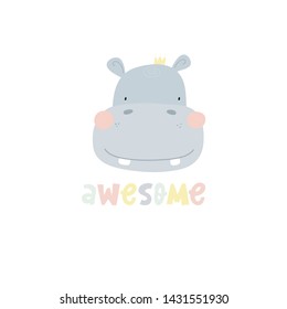 Hand drawn cute hippo vector illustration. Cartoon hippopotamus vector print. Can be used for design of t-shirts, posters and Baby Shower party