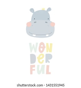 Hand drawn cute hippo vector illustration. Cartoon hippopotamus vector print. Can be used for design of t-shirts, posters and Baby Shower party