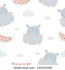 Hand drawn cute hippo vector illustration. Cartoon hippopotamus vector print. Can be used for design of t-shirts, posters and Baby Shower party