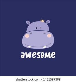 Hand drawn cute hippo vector illustration. Cartoon hippopotamus vector print. Can be used for design of t-shirts, posters and Baby Shower party
