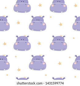 Hand drawn cute hippo vector illustration. Cartoon hippopotamus seamless pattern. Can be used for design of t-shirts, posters and Baby Shower party