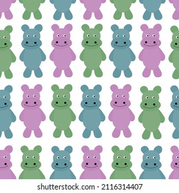 Hand drawn cute hippo vector pattern on white background