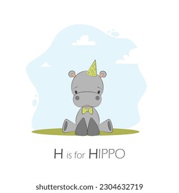 Hand drawn cute hippo vector illustration. H is for hippo. Can be used for design of t-shirts, posters and Baby Shower party. Hippo cartoon character