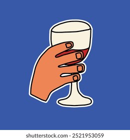 Mano dibujada a mano linda que sostiene la ilustración del vaso de vino