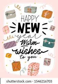 Hand drawn cute holiday winter illustration with various git box in cartoon style. Christmas cute poster. Happy New Year. Warm wishes. Vector background. Isolated.