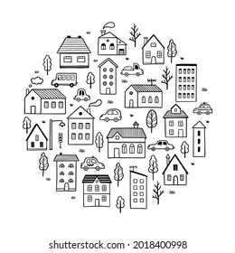 Hand drawn cute house. Doodle sketch style town. House building with roof. Vector illustration for village, city background.