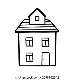 Hand drawn cute house. Doodle sketch style home. House building with window, roof. Vector illustration for home icon.