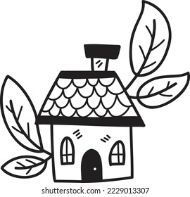 Hand Drawn cute house and leaves illustration isolated on background