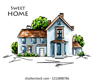 Hand drawn Cute house with trees. Beautiful contryside landscape. Sketch.