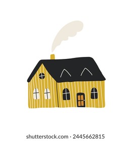 Casa linda dibujada a mano, ilustración plana de Vector. Edificio acogedor colorido con humo de la chimenea. 