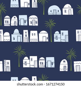 Hand drawn cute  houses and palm trees.  Vector  seamless pattern.