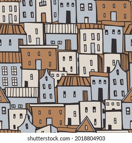Hand drawn cute  houses and trees.  Vector  seamless pattern.