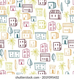 Hand drawn cute  houses and trees.  Vector  seamless pattern.