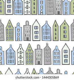 Hand drawn cute  houses.  Vector  seamless pattern.