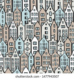 Hand drawn cute  houses.  Vector  seamless pattern.