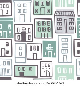 Hand drawn cute  houses.  Vector  seamless pattern.