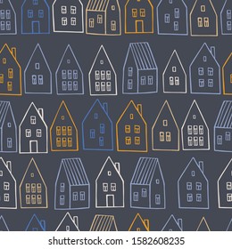 Hand drawn cute  houses.  Vector  seamless pattern.
