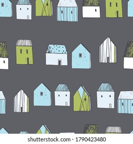 Hand drawn cute  houses.  Vector  seamless pattern.